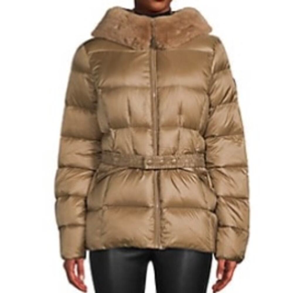 The Recycled Planet faux fur trim hooded downjacket  belted brown puffer coat LG